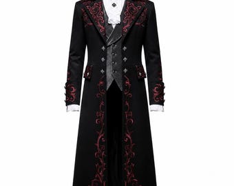 Men's Gothic Victorian Tailcoat, Black Embroidered Steampunk Prince Jacket, Vampire Wedding Coat, Gothic Groom Formal Suit