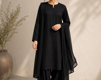 Shalwar Kameez para mujer, traje Salwar pakistaní, vestido musulmán modesto, ropa tradicional, conjunto de ropa étnica a medida, conjunto negro para mujer