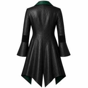 May include: A black coat with a dark green collar and interior lining. The coat features long sleeves with flared cuffs, a fitted bodice, and a flared hemline that falls to points. The back view shows vertical seam detailing and a central vent.