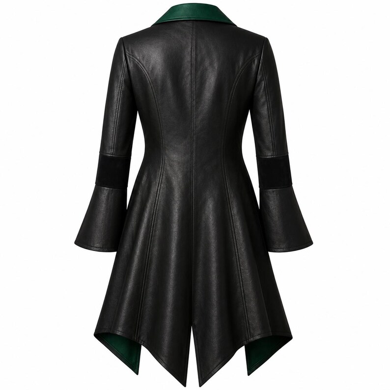 May include: A black coat with a dark green collar and interior lining. The coat features long sleeves with flared cuffs, a fitted bodice, and a flared hemline that falls to points. The back view shows vertical seam detailing and a central vent.