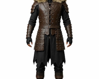 Armadura vikinga de cuero hecha a mano con cuello de piel, disfraz de guerrero medieval, túnica de batalla de fantasía, atuendo de cosplay para hombres.