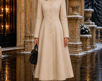 Beige Wool Swing Coat for Women, Long Flared Winter Overcoat, Custom Made to Measure, Winter Everyday Coat, Handmade Flared Outerwear
