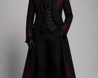 Frac gótico victoriano para hombre, chaqueta de príncipe steampunk, abrigo gótico para bodas, disfraz de aristócrata medieval, abrigo de vampiro negro bordado