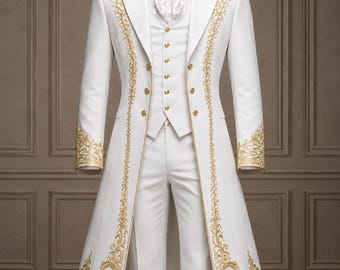Frac victoriano para hombre, abrigo de boda real, traje de novio gótico, frac steampunk, disfraz de lujo, chaqueta de príncipe bordada en oro blanco.
