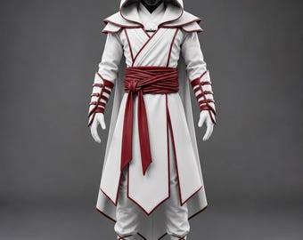 Disfraz de asesino de cuero hecho a mano, atuendo de pícaro medieval, abrigo de guerrero con capucha, armadura de cosplay de ninja, disfraz de LARP, capa blanca y roja.