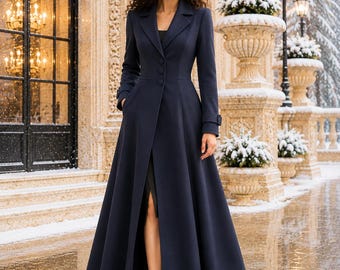 Navy Wool Maxi Coat for Women, Floor Length Winter Overcoat, Custom Made to Measure, Winter Wedding Coat, Handmade Floor Length Outerwear