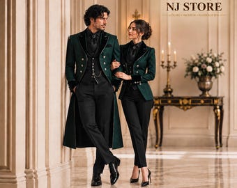 Emerald Green Victorian Tailcoat Couple Suit Set, Gothic Wedding Prom Formal Outfit Set, Groom and Bride Suit Set