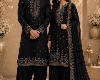 Conjunto de shalwar kameez negro bordado a juego para pareja, atuendo de boda Nikkah para él y para ella, hecho a medida.
