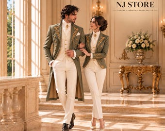 Sage Green Embroidered  Victorian Tailcoat Couple Suit Set, Gothic Wedding Prom Formal Outfit Set, Groom and Bride Suit Set