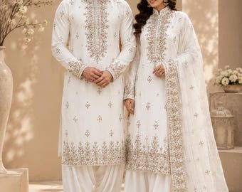 Conjunto de shalwar kameez bordado en color marfil para parejas, atuendo de boda para él y para ella, ropa tradicional hecha a medida.