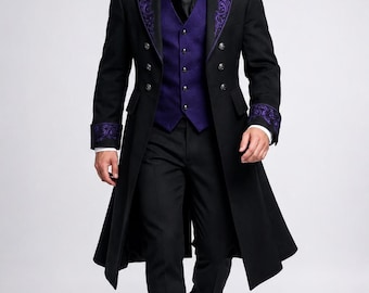 Men's Gothic Victorian Coat, Black  Purple Steampunk Formal Jacket, Medieval Prince Costume, Gothic Wedding Suit, Vintage Tailcoat