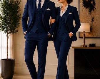 Conjunto de traje para pareja, trajes formales de 3 piezas para él y para ella, atuendo para boda, conjunto azul marino coordinado, traje de negocios de lujo