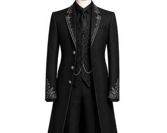 Frac gótico victoriano para hombre, abrigo de boda steampunk bordado, chaqueta de esmoquin formal negra, atuendo de novio vintage