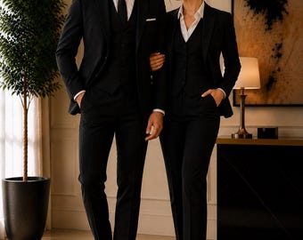 Traje formal de 3 piezas para parejas, conjunto a juego en color negro para bodas, negocios, graduaciones y fiestas.