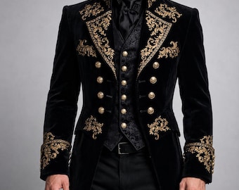 Abrigo de terciopelo negro para hombre, estilo príncipe real, con bordado dorado, frac gótico victoriano, ideal para bodas, novios y ocasiones formales.