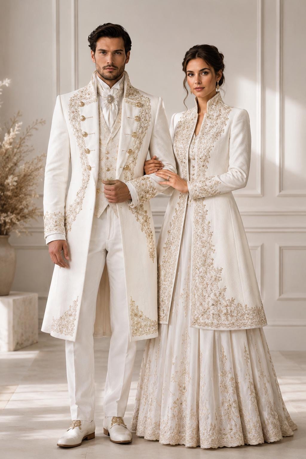 Couple Wedding Outfit, Matching His & Her Embroidered Sherwani Set, Royal Luxury Ivory Suit Set, Handmade Gold Embroidery Formal Attire