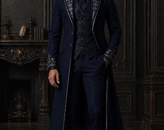 Esmoquin gótico victoriano azul marino para hombre con bordado dorado, ideal para bodas, eventos steampunk, graduaciones y ocasiones formales.