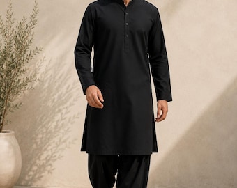Conjunto de shalwar kameez kurta pijama negro para hombre, atuendo tradicional musulmán pakistaní, ropa étnica a medida.