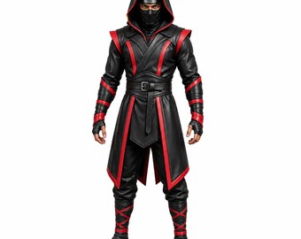 Abrigo de asesino de cuero hecho a mano, gabardina gótica medieval con capucha, chaqueta de cosplay de ninja, disfraz de guerrero pícaro, capa negra y roja.