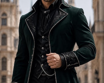 Chaqueta de frac gótico victoriano para hombre, abrigo steampunk verde oscuro, disfraz de príncipe medieval, chaqueta renacentista, atuendo de boda de vampiro