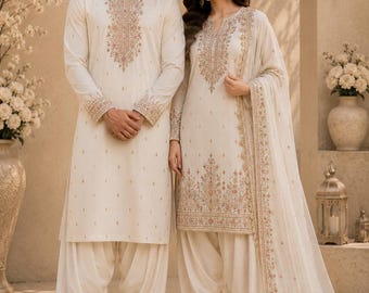Conjunto de shalwar kameez bordado color crema a juego para parejas. Traje de boda tradicional para él y para ella. Talla personalizada.