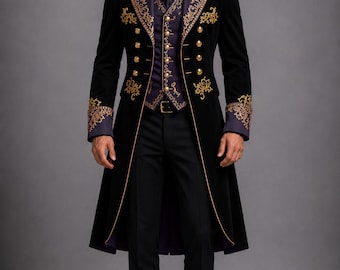 Frac victoriano para hombre, chaqueta de príncipe real, abrigo steampunk bordado en negro, morado y dorado, atuendo gótico para boda, disfraz de aristócrata.