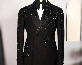 Traje de esmoquin negro con adornos, traje formal de lujo para novio, boda o baile de graduación.