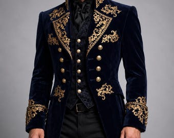 Chaqueta de frac gótica de terciopelo negro para hombre, abrigo victoriano bordado en oro para bodas, estilo steampunk y ocasiones formales.