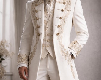 Abrigo blanco de príncipe para hombre, estilo sherwani con bordado dorado, ideal para bodas, novios, eventos formales victorianos y graduaciones.