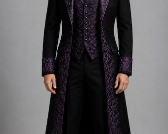 Chaqueta de boda estilo steampunk gótica victoriana negra y morada para hombre, abrigo de vampiro para graduación y ocasiones formales.