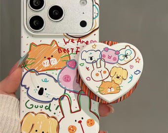 Funda para iPhone 17 Pro Max/16/15 con diseño de animales estilo doodle, compatible con MagSafe - Diseño divertido de mejores amigos con acabado blanco brillante