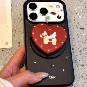 Étui pour iPhone 15/16/17 Pro Max, MagSafe, support pour cheval à ailes rouges coeur