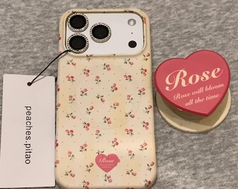 Funda para teléfono compatible con MagSafe con diseño floral de rosas vintage para iPhone 17 Pro Max, iPhone 16, iPhone 15, funda con agarre de corazón retro estético