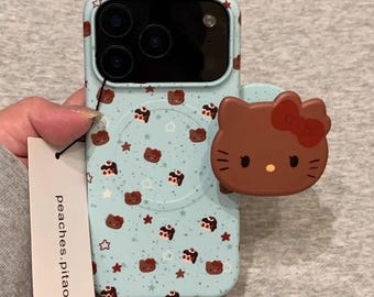 Funda MagSafe de Hello Kitty color chocolate para iPhone 17 Pro Max, iPhone 16, iPhone 15, color azul menta, estética kawaii.