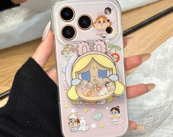 Funda para iPhone 17 Pro Max, 16 y 15 compatible con MagSafe con diseño de niña llorando, dije con forma de agitador, estética rosa pastel.