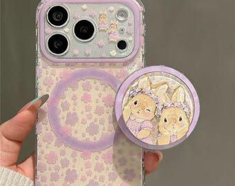 Funda MagSafe con diseño floral de conejito lavanda para iPhone 17 Pro Max, iPhone 16, iPhone 15, funda protectora linda y femenina.