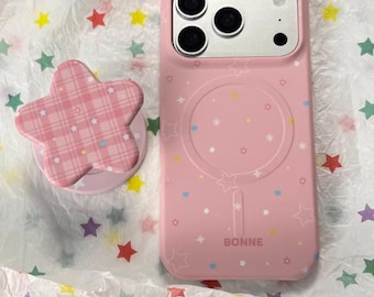Funda MagSafe con diseño de estrella rosa para iPhone 17 Pro Max 16 15, bonita funda protectora con estampado de estrellas a cuadros, compatible con MagSafe.