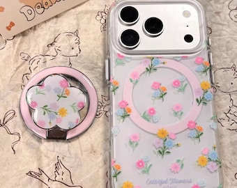 Funda colorida con estampado floral compatible con MagSafe para iPhone 17 Pro Max, iPhone 16, iPhone 15, bonita funda transparente con estampado de flores y soporte.