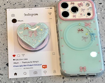 Funda MagSafe Pastel Mint Bow para iPhone 17 Pro Max, 16 y 15, funda protectora Cute Coquette Heart Grip