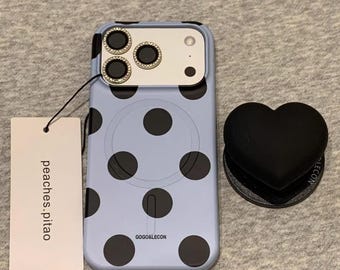 Funda para teléfono MagSafe con corazón de lunares azules para iPhone 17 Pro Max, 16, 15, estética minimalista y bonita.