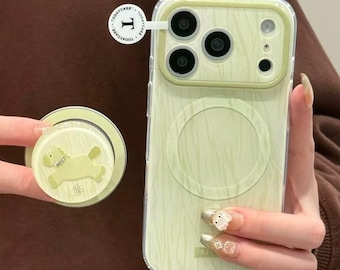 Funda para iPhone 17 Pro Max/16/15 con diseño de vetas de madera verde pálido, compatible con MagSafe - Diseño minimalista de pony, cubierta protectora con acabado brillante.