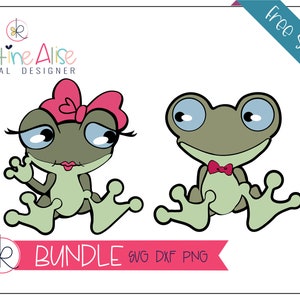 May include: A digital design bundle featuring two cartoon frogs. The female frog is wearing a pink bow and the male frog is wearing a red bow tie. The text "Bundle SVG DXF PNG" is at the bottom of the image.