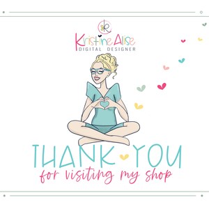 May include: A cartoon illustration of a woman with blonde hair and glasses making a heart shape with her hands. The text "THANK YOU for visiting my shop" is below the woman. The background is white with small hearts in various colors.