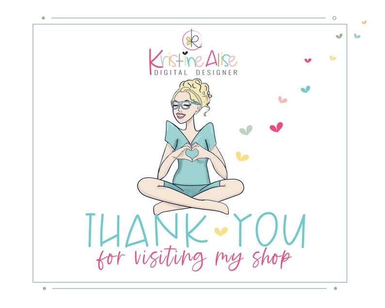 May include: A cartoon illustration of a woman with blonde hair and glasses making a heart shape with her hands. The text "THANK YOU for visiting my shop" is below the woman. The background is white with small hearts in various colors.