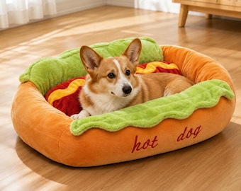 Hot Dog Dog Bed, Funny Novelty Pet Bed, Soft Removable Cushion Lounger, Washable Puppy Cat Sofa, Small Large Sizes, Fun Pet Gift