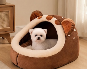 Cute Plush Dog Cave Bed | Cozy Pet House Nest for Small Dogs & Cats | Bear Ear Hooded Dog Bed Gift