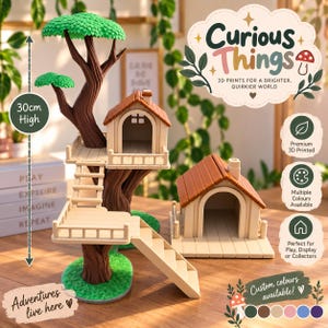 May include: A 3D printed treehouse set featuring a brown tree with green foliage, a beige platform with railings, and a separate beige house with a brown roof. The set includes a ladder and stairs, with text indicating a height of 30cm.