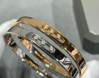 Bracelet jonc diamants mobiles en or, bracelet cage minimaliste, bracelet pierres coulissantes de luxe