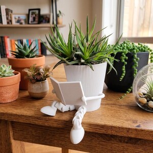 以下が含まれることがあります： 緑色の多肉植物が入った、リブデザインの白いプランター。本を読んでいる人の白い置物がプランターに取り付けられています。テラコッタの鉢や垂れ下がる植物が入った黒い鉢など、他の鉢植えの植物が背景にあります。