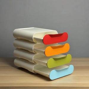 Può includere: Una pila di quattro cassetti portaoggetti in plastica color bianco sporco, ciascuno con un pannello frontale di colore distinto. I frontali dei cassetti sono rosso, arancione, verde lime e azzurro dall'alto verso il basso, con maniglia curva.